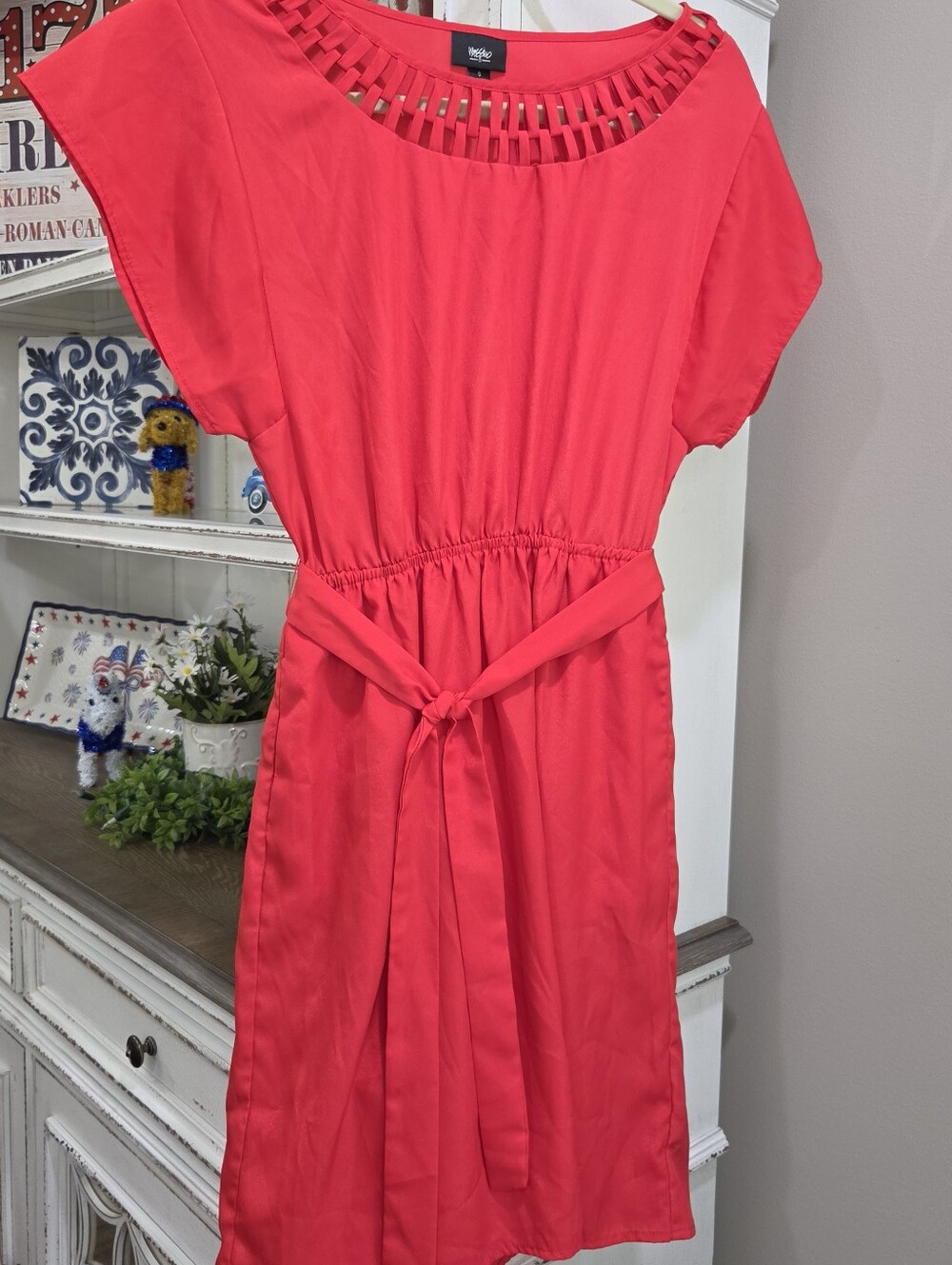 Bright Red Short Sleeve Belted Dress with Cutout Neckline